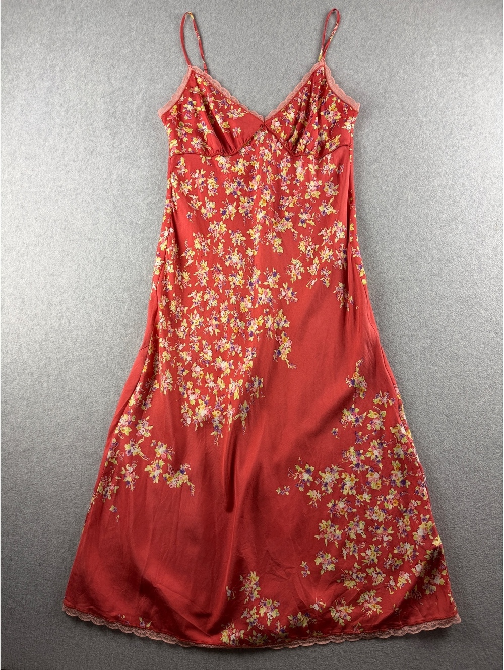 Vintage 90s Rozae Nichols Silk Floral Slip Dress 90s Lace Trim Made USA